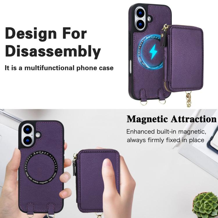 For iPhone 17 AwQuer 2 in 1 Crossbody Zipper Wallet Leather Back Phone Case