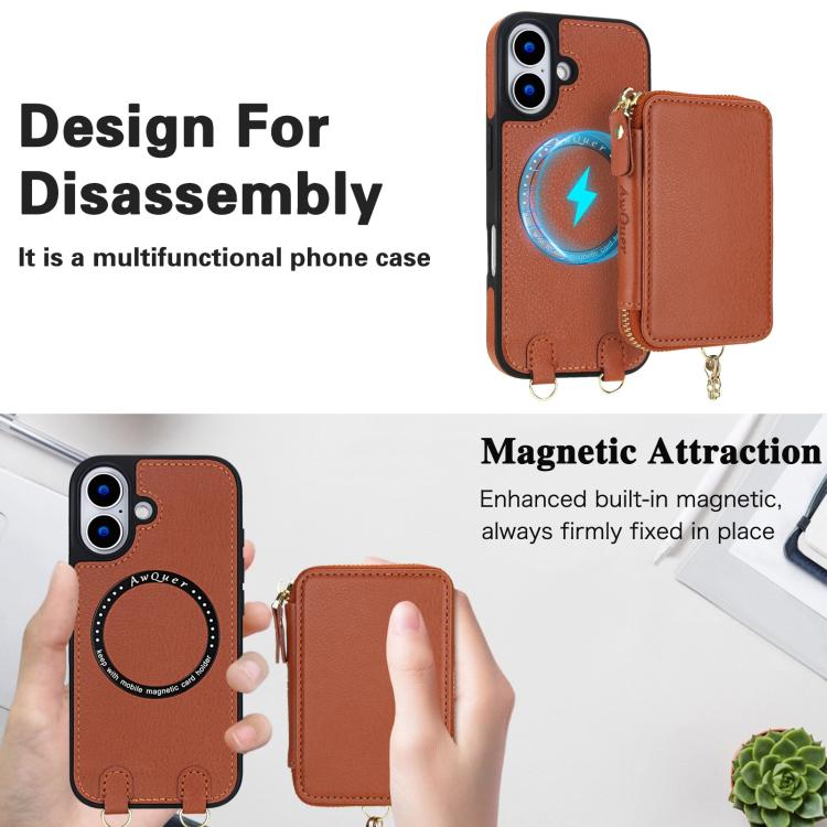 For iPhone 17 AwQuer 2 in 1 Crossbody Zipper Wallet Leather Back Phone Case