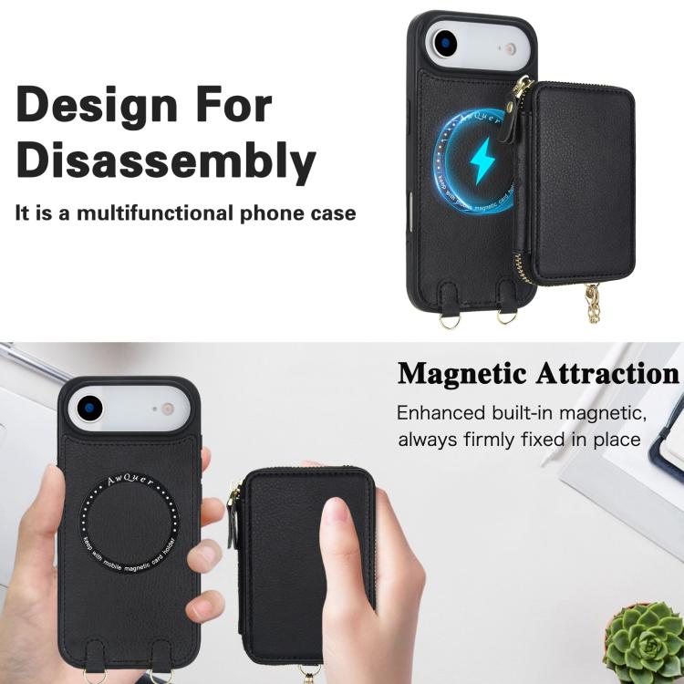 For iPhone Air AwQuer 2 in 1 Crossbody Zipper Wallet Leather Back Phone Case