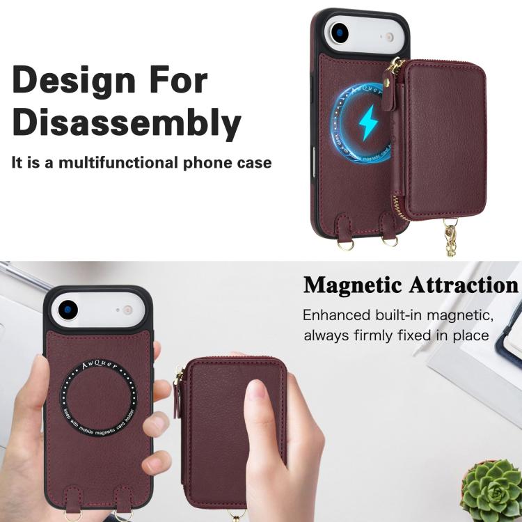 For iPhone Air AwQuer 2 in 1 Crossbody Zipper Wallet Leather Back Phone Case