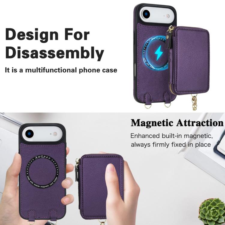 For iPhone Air AwQuer 2 in 1 Crossbody Zipper Wallet Leather Back Phone Case