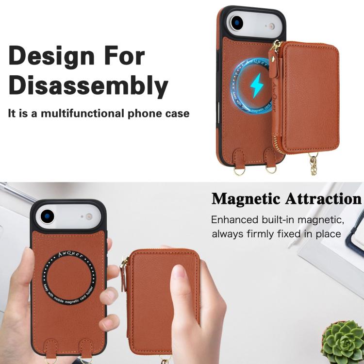 For iPhone Air AwQuer 2 in 1 Crossbody Zipper Wallet Leather Back Phone Case
