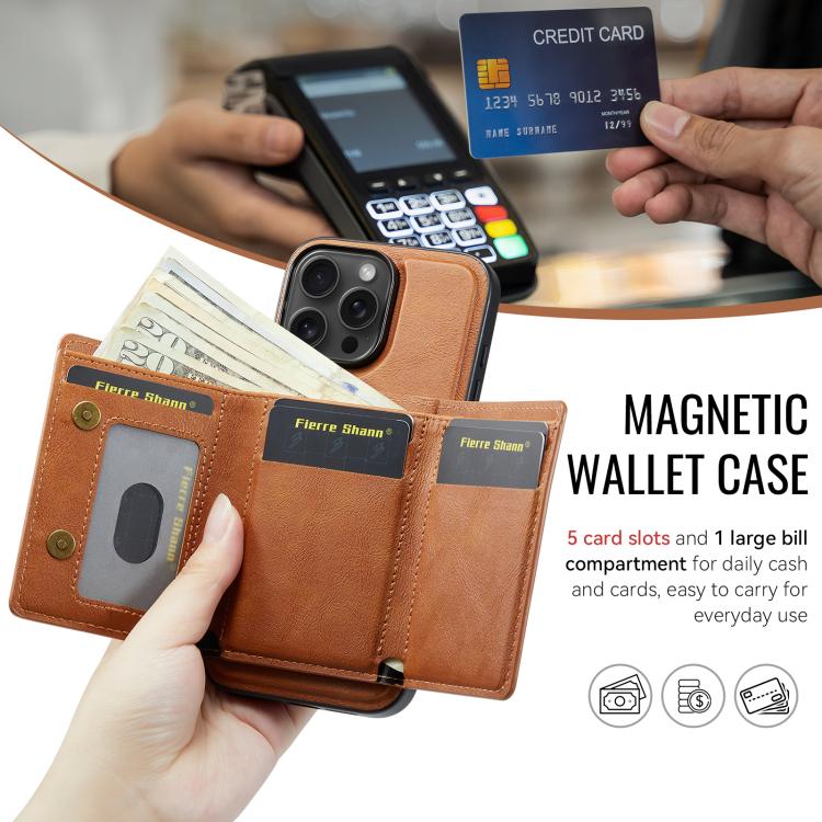 For iPhone 16 Pro Fierre Shann 2 in 1 Holder RFID Card Slot Wallet MagSafe Phone Case