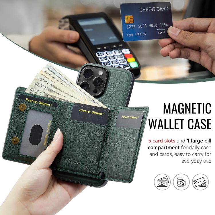 For iPhone 16 Pro Fierre Shann 2 in 1 Holder RFID Card Slot Wallet MagSafe Phone Case