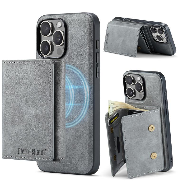For iPhone 16 Pro Fierre Shann 2 in 1 Holder RFID Card Slot Wallet MagSafe Phone Case