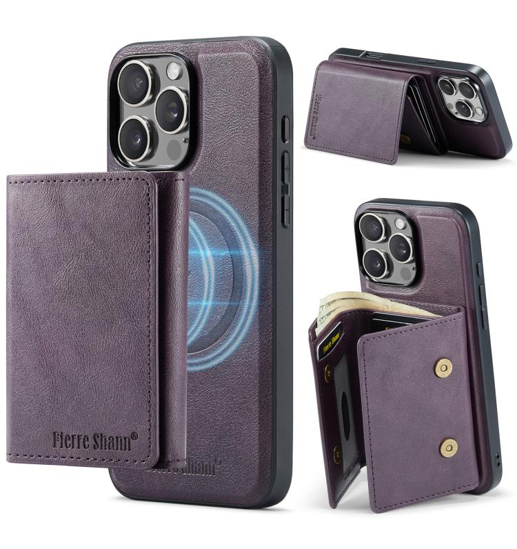 For iPhone 16 Pro Fierre Shann 2 in 1 Holder RFID Card Slot Wallet MagSafe Phone Case