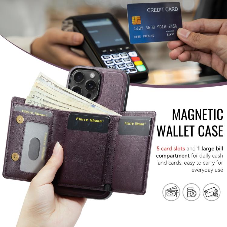 For iPhone 16 Pro Fierre Shann 2 in 1 Holder RFID Card Slot Wallet MagSafe Phone Case
