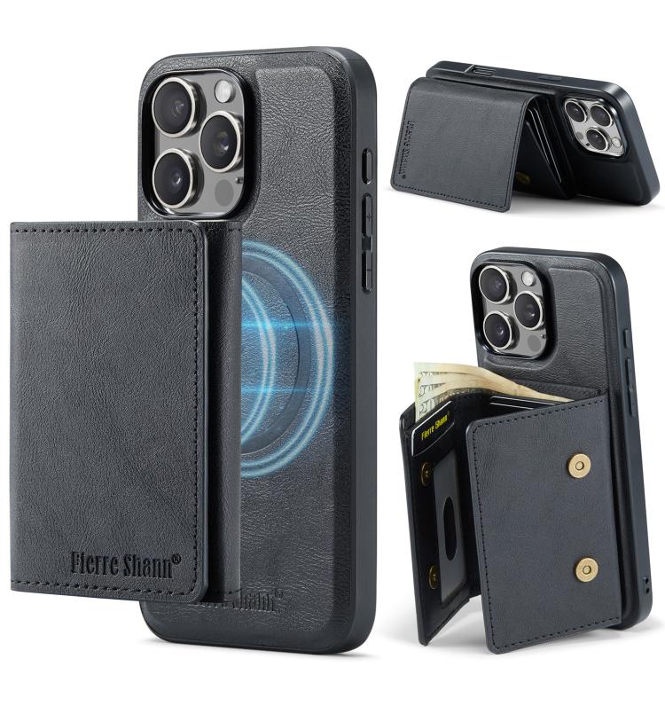 For iPhone 16 Pro Fierre Shann 2 in 1 Holder RFID Card Slot Wallet MagSafe Phone Case