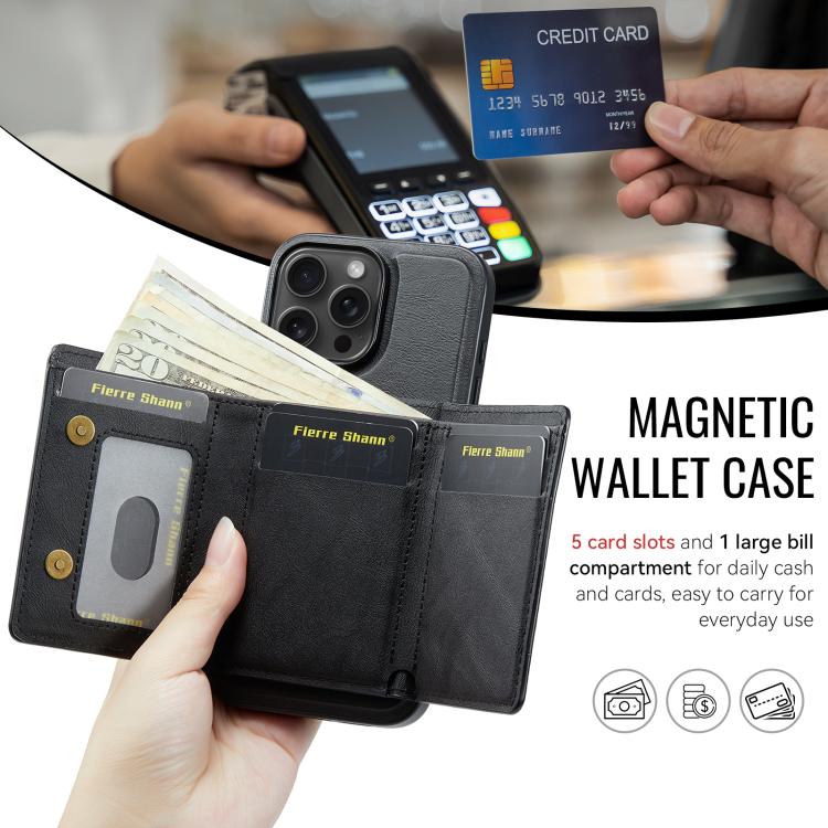 For iPhone 16 Pro Fierre Shann 2 in 1 Holder RFID Card Slot Wallet MagSafe Phone Case
