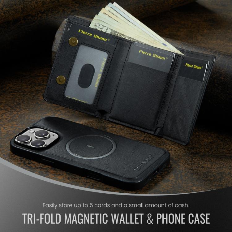 For iPhone 16 Pro Fierre Shann 2 in 1 Holder RFID Card Slot Wallet MagSafe Phone Case