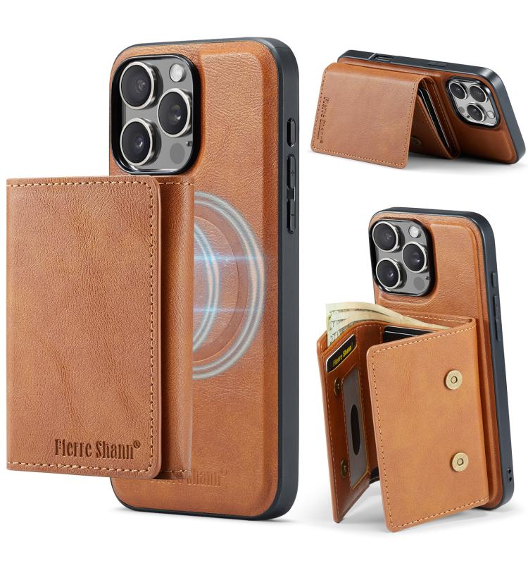 For iPhone 16 Pro Max Fierre Shann 2 in 1 Holder RFID Card Slot Wallet MagSafe Phone Case