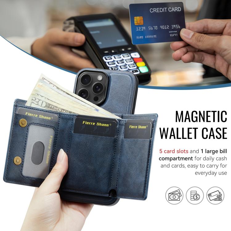 For iPhone 16 Pro Max Fierre Shann 2 in 1 Holder RFID Card Slot Wallet MagSafe Phone Case