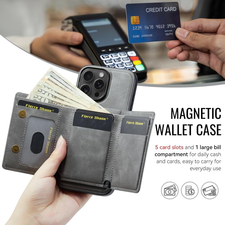 For iPhone 16 Pro Max Fierre Shann 2 in 1 Holder RFID Card Slot Wallet MagSafe Phone Case