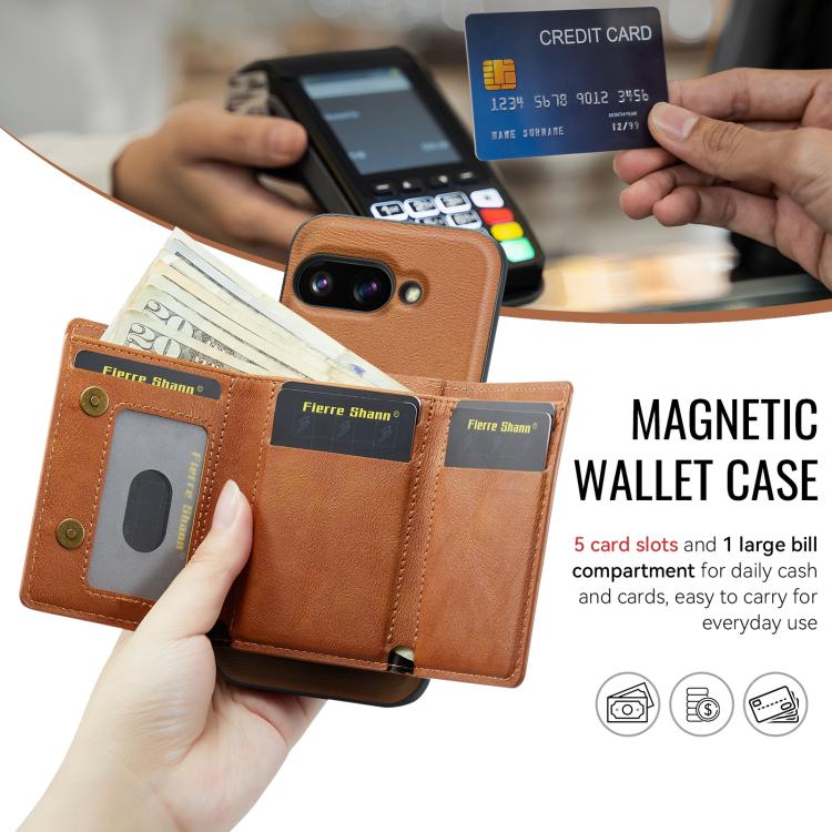 For Google Pixel 9a Fierre Shann 2 in 1 Holder RFID Card Slot Wallet MagSafe Phone Case