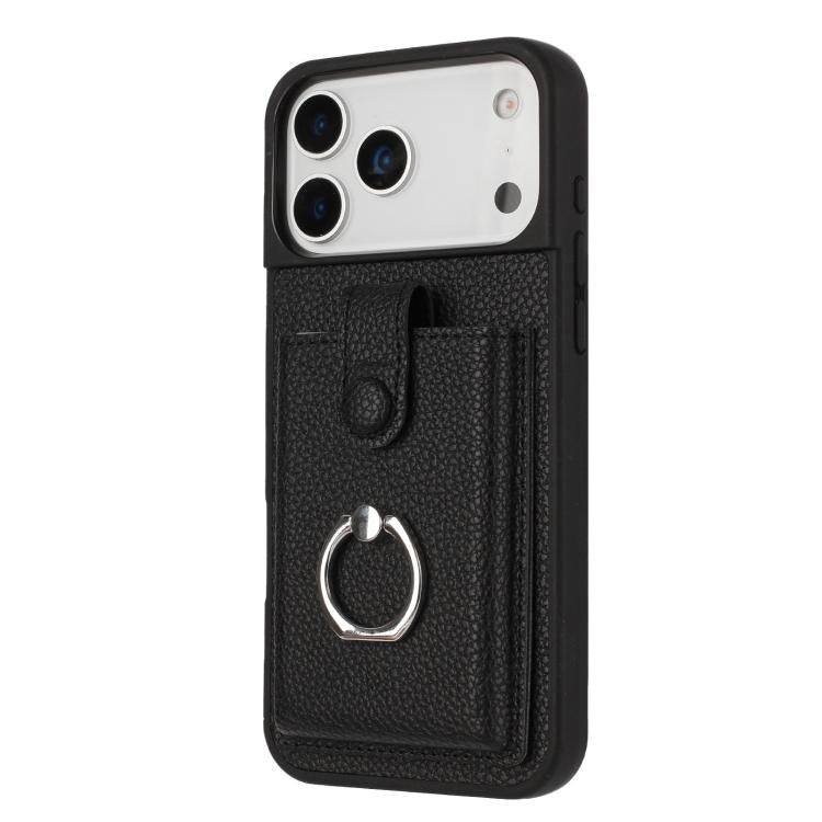For iPhone 17 Pro Max Litchi Texture Drawing Card Bag Ring Holder Phone Case