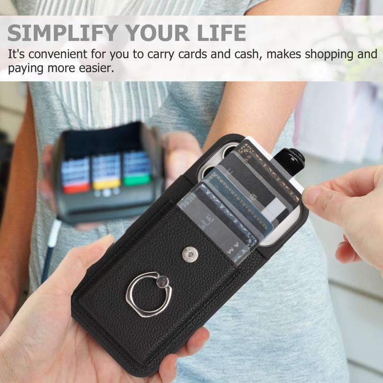 For iPhone 17 Pro Max Litchi Texture Drawing Card Bag Ring Holder Phone Case
