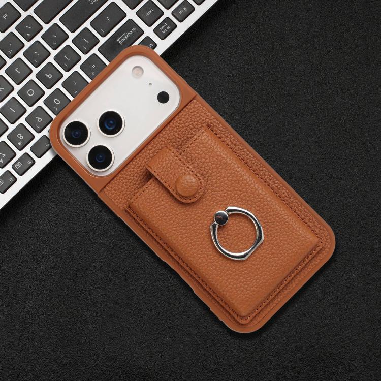 For iPhone 17 Pro Litchi Texture Drawing Card Bag Ring Holder Phone Case