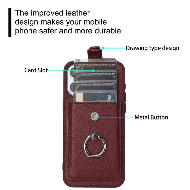 For iPhone 17 Pro Litchi Texture Drawing Card Bag Ring Holder Phone Case