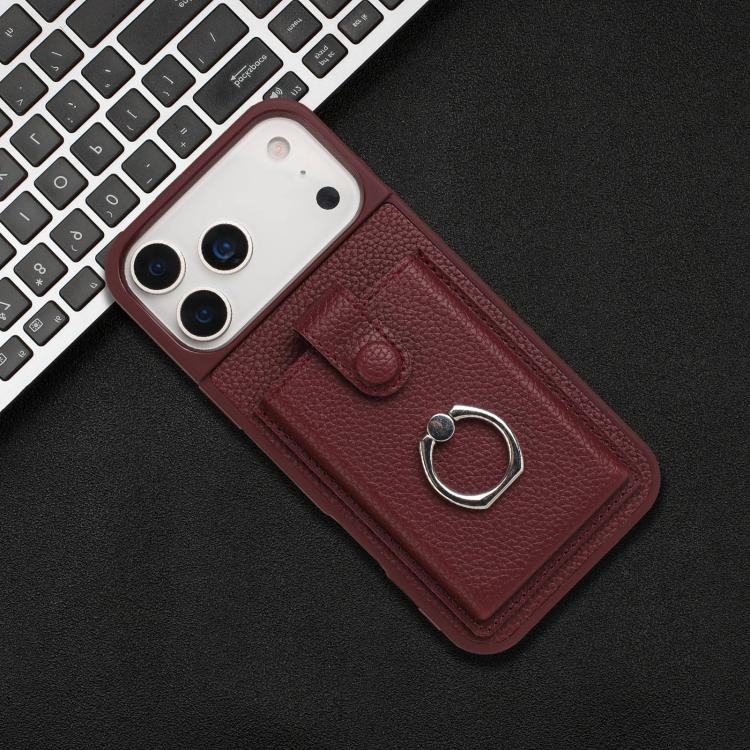 For iPhone 17 Pro Litchi Texture Drawing Card Bag Ring Holder Phone Case