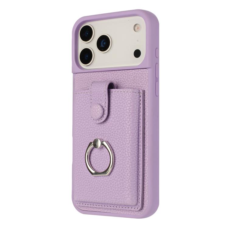 For iPhone 17 Pro Litchi Texture Drawing Card Bag Ring Holder Phone Case