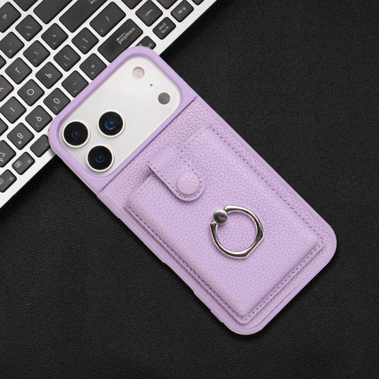 For iPhone 17 Pro Litchi Texture Drawing Card Bag Ring Holder Phone Case