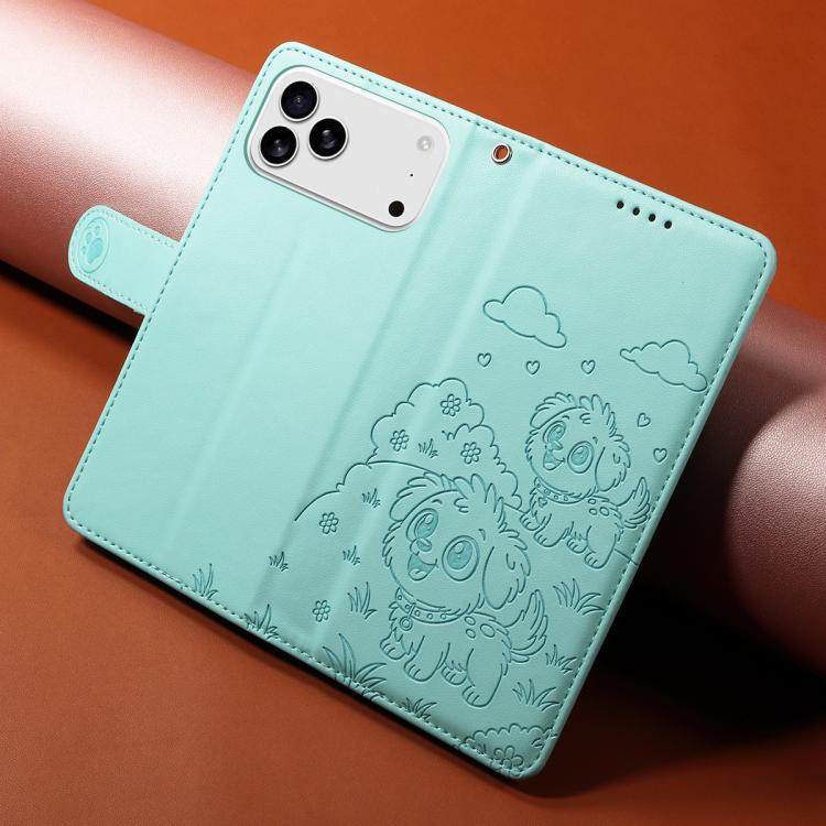 For iPhone 17 Pro Max Embossed Heart Dog RFID Blocking Wallet Leather Phone Case
