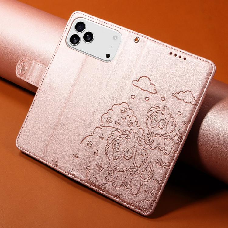 For iPhone 17 Pro Max Embossed Heart Dog RFID Blocking Wallet Leather Phone Case