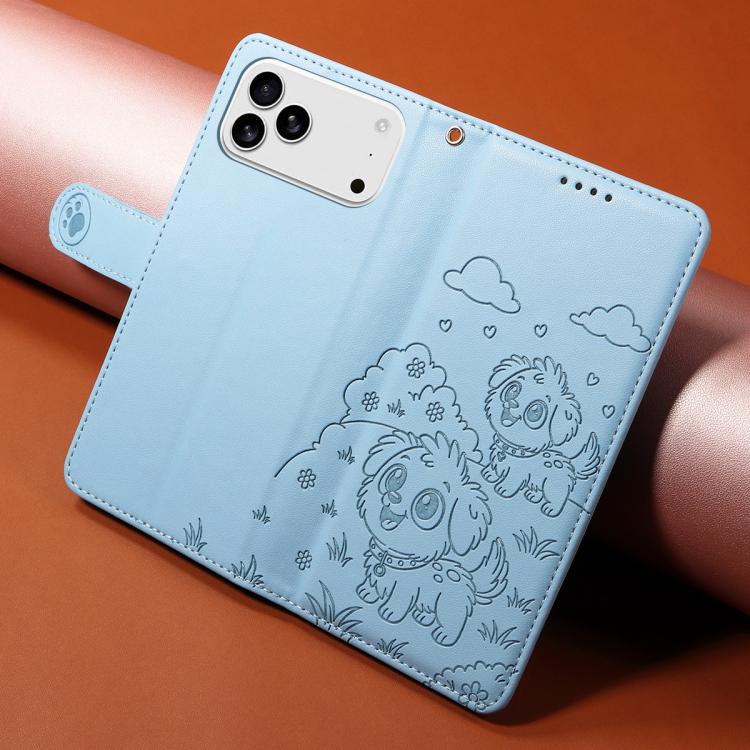 For iPhone 17 Pro Max Embossed Heart Dog RFID Blocking Wallet Leather Phone Case