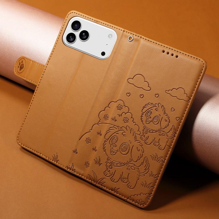 For iPhone 17 Pro Max Embossed Heart Dog RFID Blocking Wallet Leather Phone Case