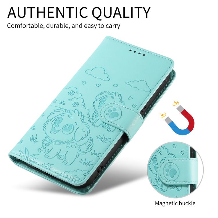 For iPhone 17 Embossed Heart Dog RFID Blocking Wallet Leather Phone Case