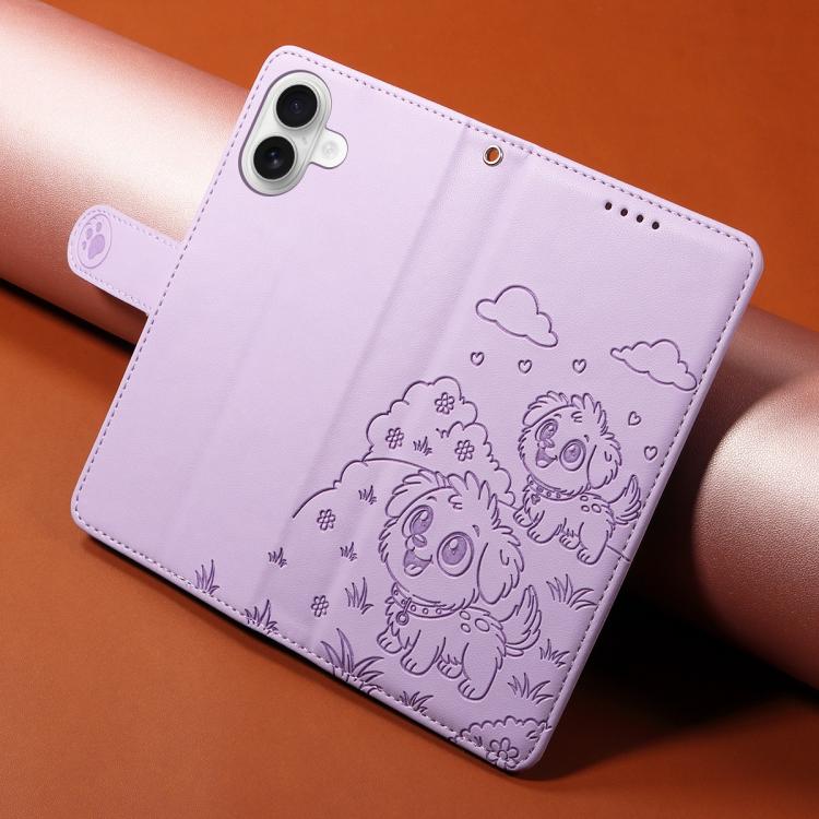 For iPhone 17 Embossed Heart Dog RFID Blocking Wallet Leather Phone Case