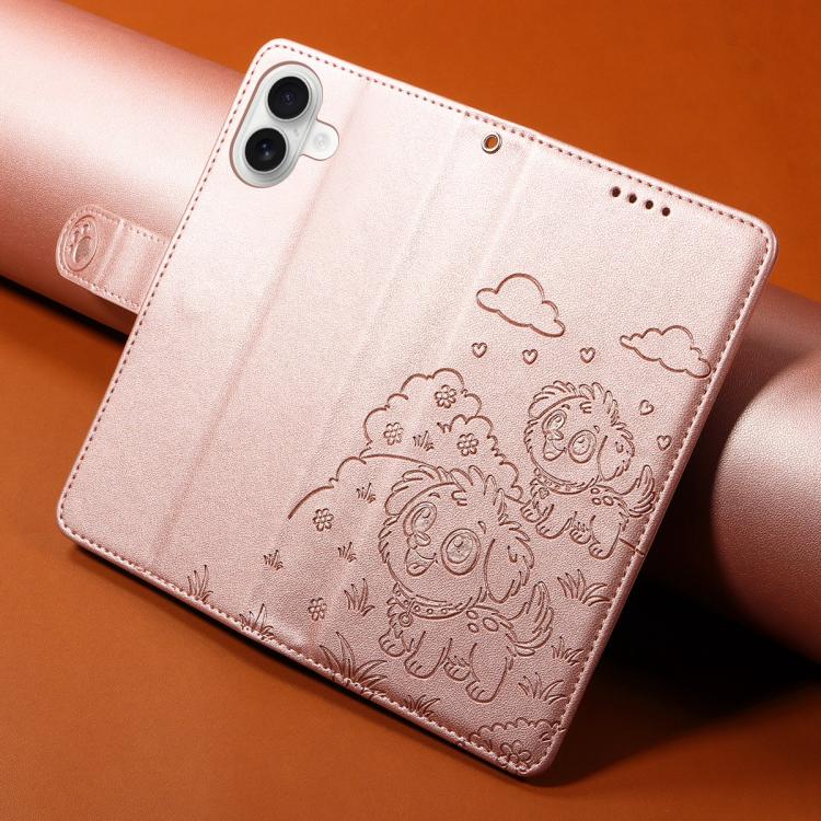 For iPhone 17 Embossed Heart Dog RFID Blocking Wallet Leather Phone Case