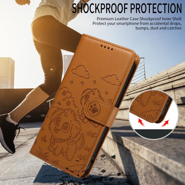 For iPhone 17 Embossed Heart Dog RFID Blocking Wallet Leather Phone Case