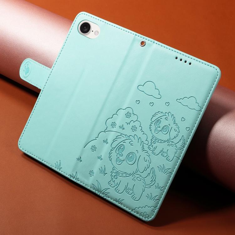 For iPhone 17e / 16e Embossed Heart Dog RFID Blocking Wallet Leather Phone Case