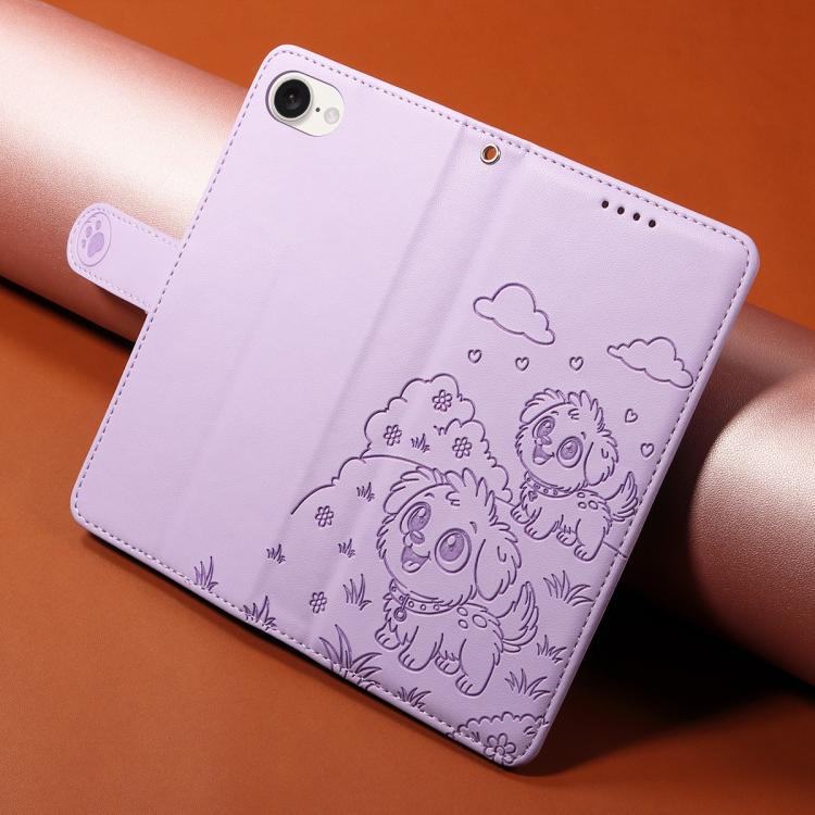 For iPhone 17e / 16e Embossed Heart Dog RFID Blocking Wallet Leather Phone Case
