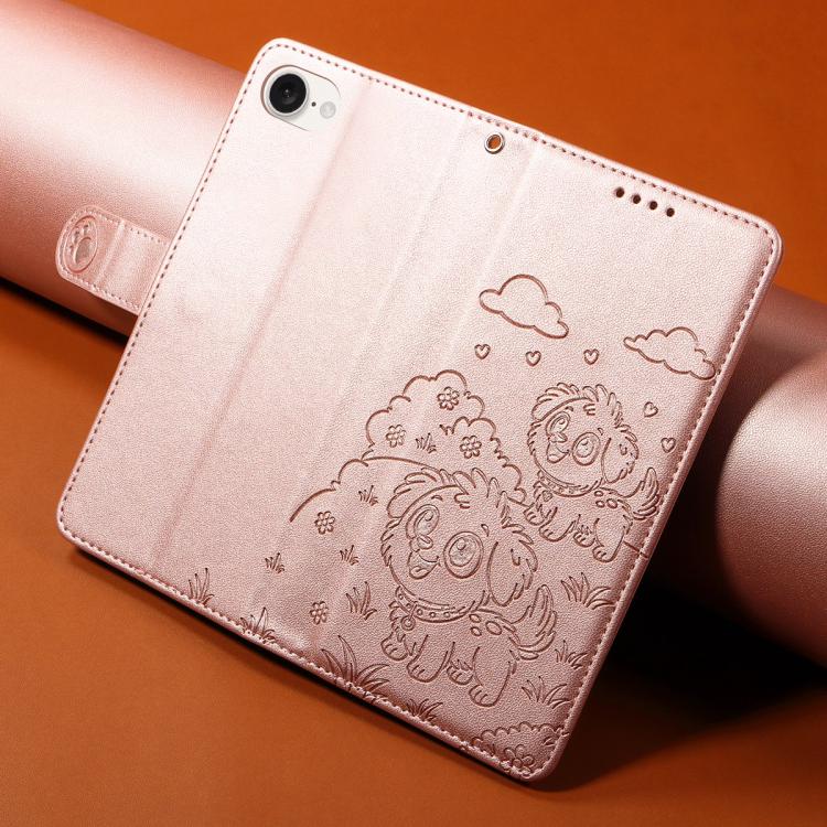 For iPhone 17e / 16e Embossed Heart Dog RFID Blocking Wallet Leather Phone Case