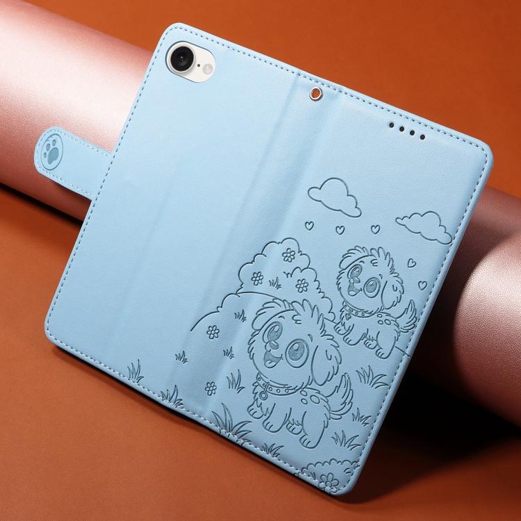For iPhone 17e / 16e Embossed Heart Dog RFID Blocking Wallet Leather Phone Case