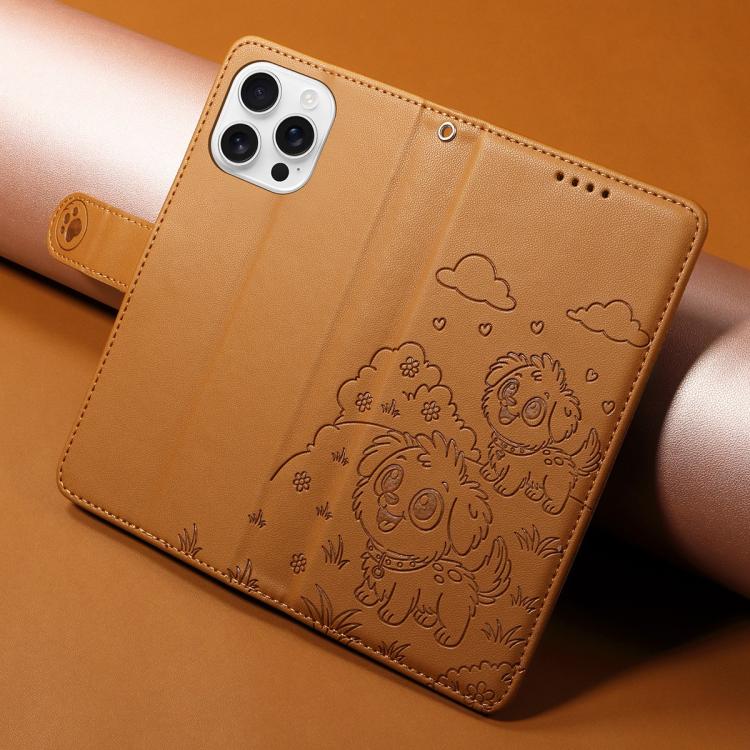 For iPhone 16 Pro Max Embossed Heart Dog RFID Blocking Wallet Leather Phone Case