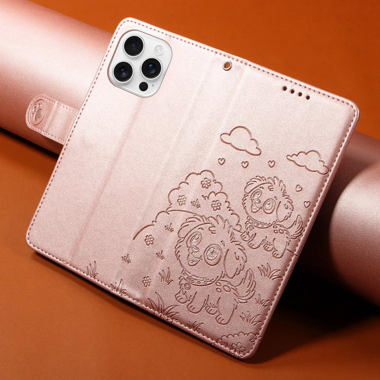For iPhone 16 Pro Embossed Heart Dog RFID Blocking Wallet Leather Phone Case