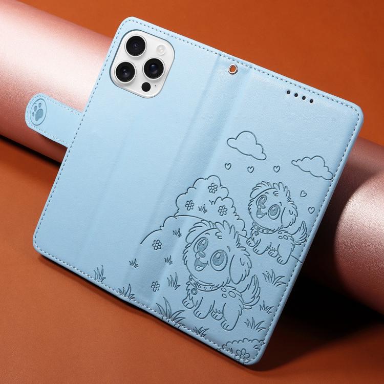 For iPhone 16 Pro Embossed Heart Dog RFID Blocking Wallet Leather Phone Case