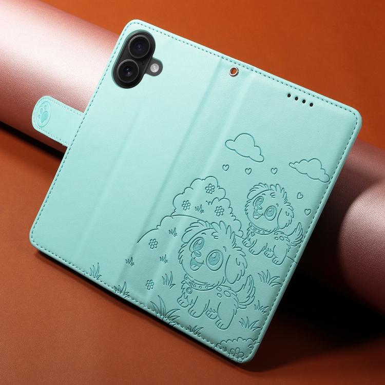 For iPhone 16 Plus Embossed Heart Dog RFID Blocking Wallet Leather Phone Case