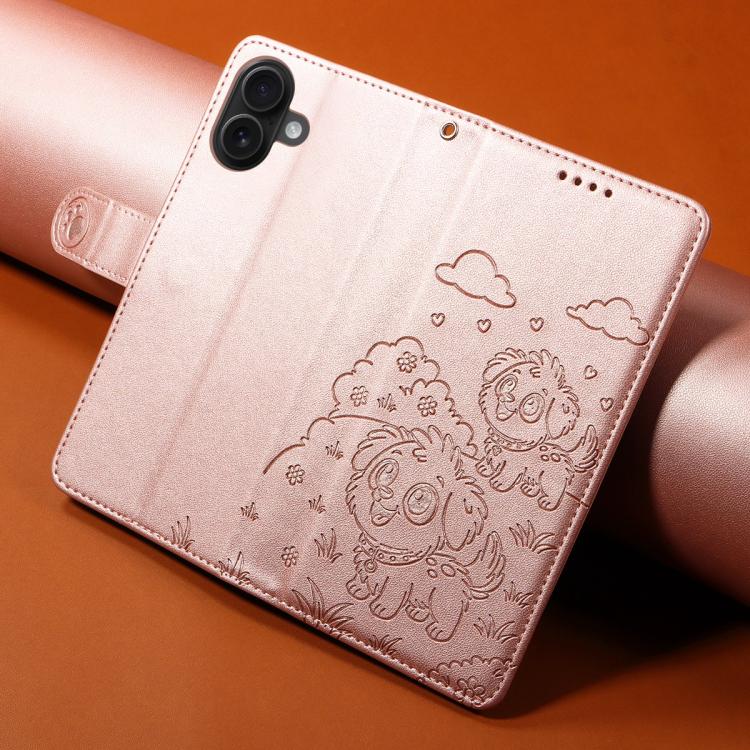 For iPhone 16 Plus Embossed Heart Dog RFID Blocking Wallet Leather Phone Case