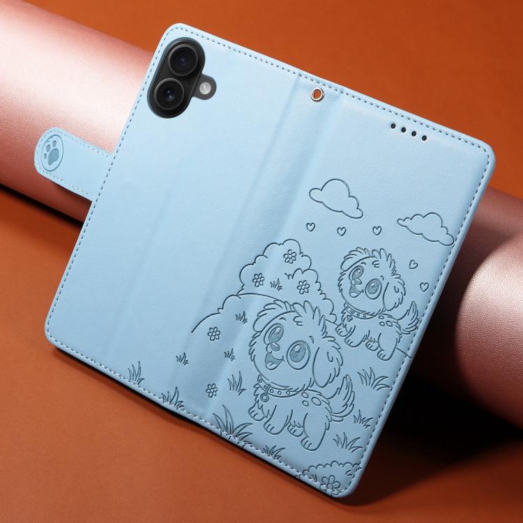 For iPhone 16 Embossed Heart Dog RFID Blocking Wallet Leather Phone Case