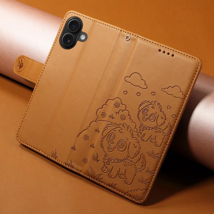 For iPhone 16 Embossed Heart Dog RFID Blocking Wallet Leather Phone Case
