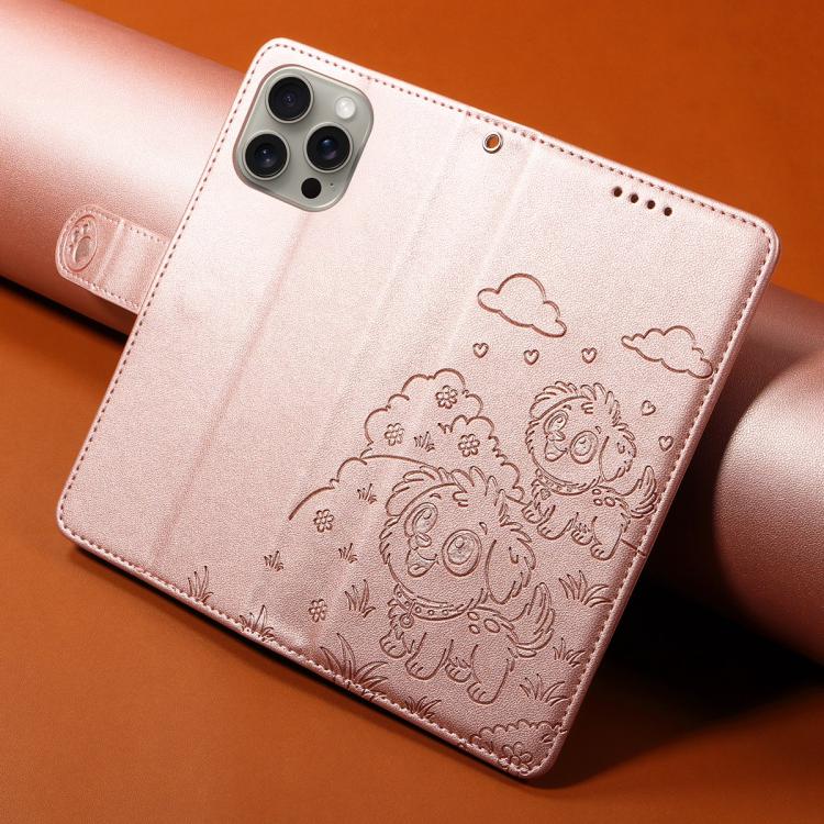For iPhone 15 Pro Max Embossed Heart Dog RFID Blocking Wallet Leather Phone Case