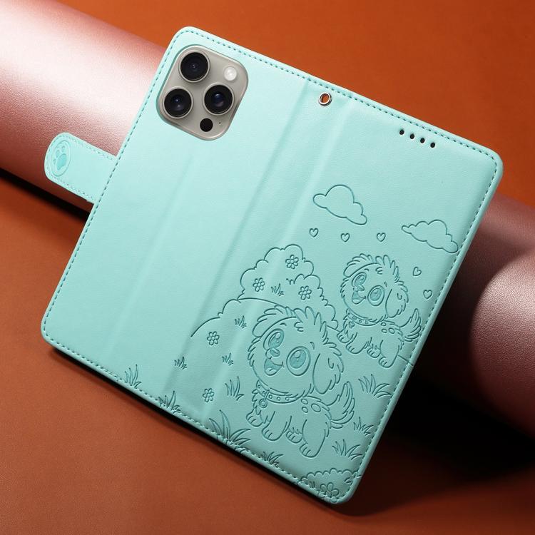 For iPhone 15 Pro Embossed Heart Dog RFID Blocking Wallet Leather Phone Case