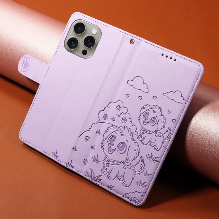 For iPhone 15 Pro Embossed Heart Dog RFID Blocking Wallet Leather Phone Case