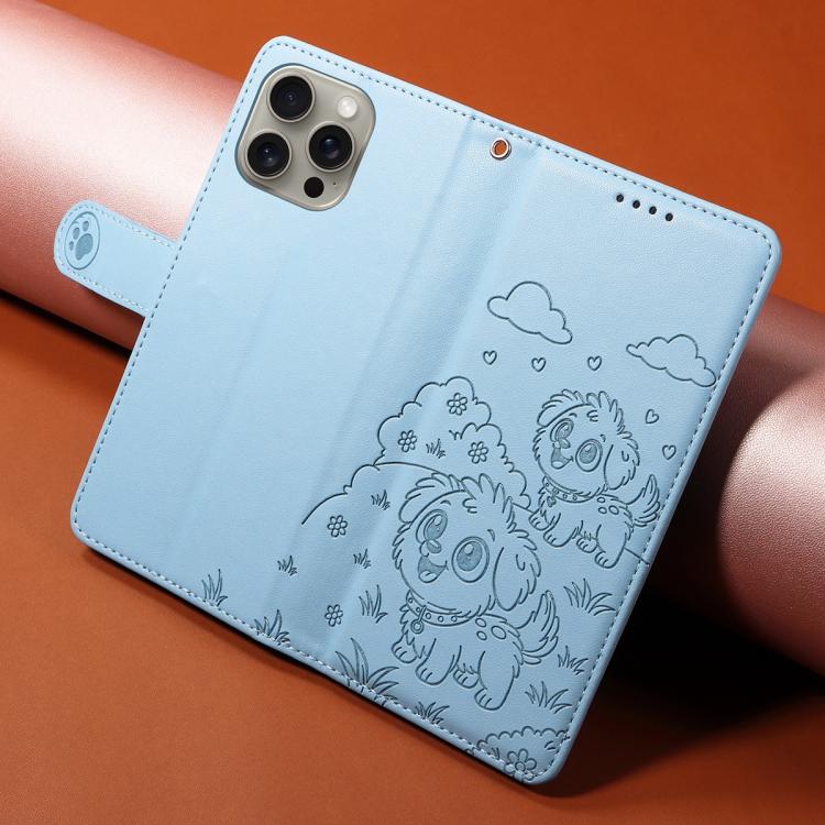 For iPhone 15 Pro Embossed Heart Dog RFID Blocking Wallet Leather Phone Case