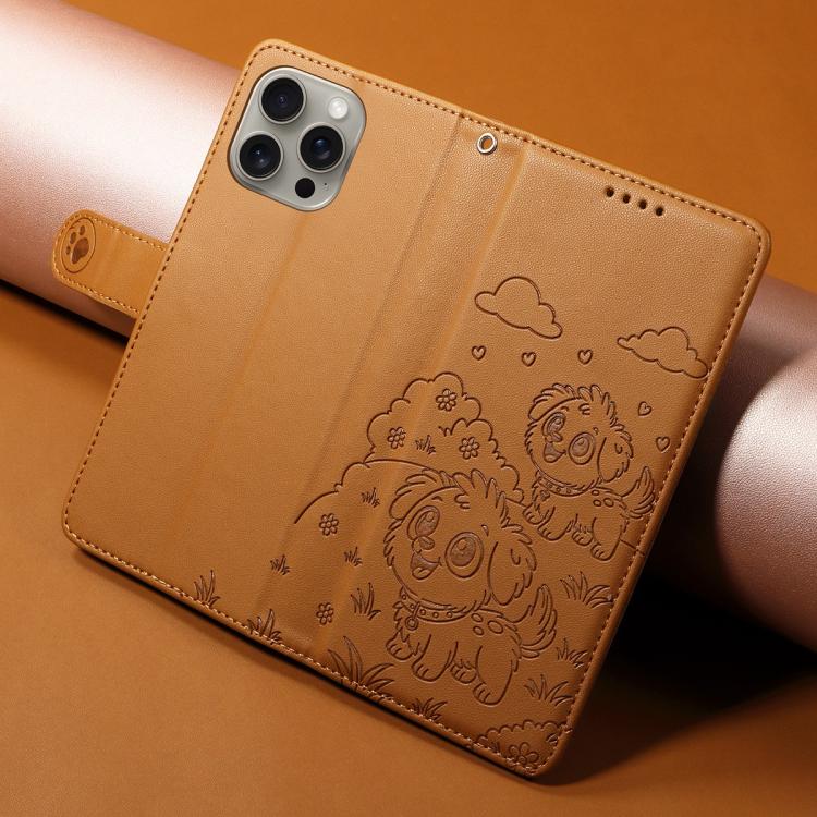 For iPhone 15 Pro Embossed Heart Dog RFID Blocking Wallet Leather Phone Case