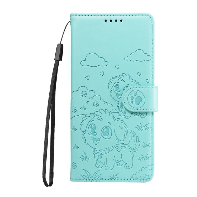 For iPhone 15 Plus Embossed Heart Dog RFID Blocking Wallet Leather Phone Case